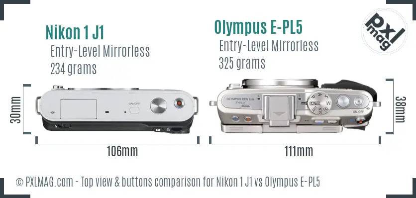 Nikon 1 J1 vs Olympus E-PL5 top view buttons comparison