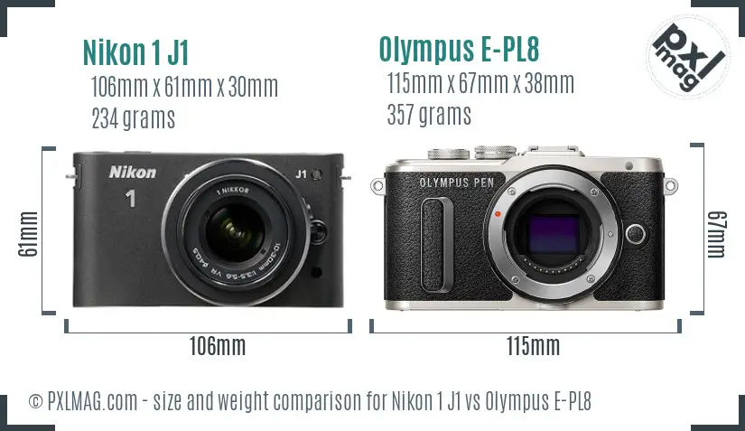 Nikon 1 J1 vs Olympus E-PL8 size comparison