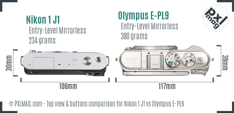 Nikon 1 J1 vs Olympus E-PL9 top view buttons comparison Nikon 1 J1 vs Olympus E-PL9 top view buttons comparison