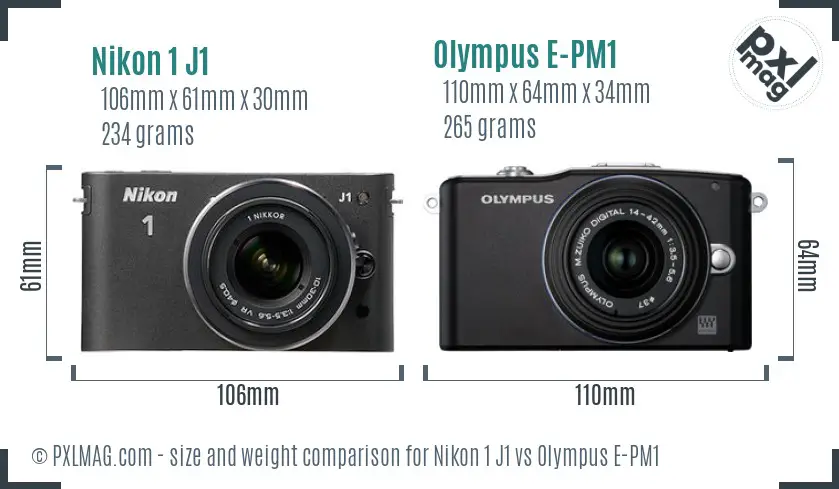 Nikon 1 J1 vs Olympus E-PM1 size comparison