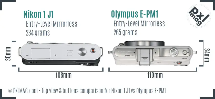 Nikon 1 J1 vs Olympus E-PM1 top view buttons comparison