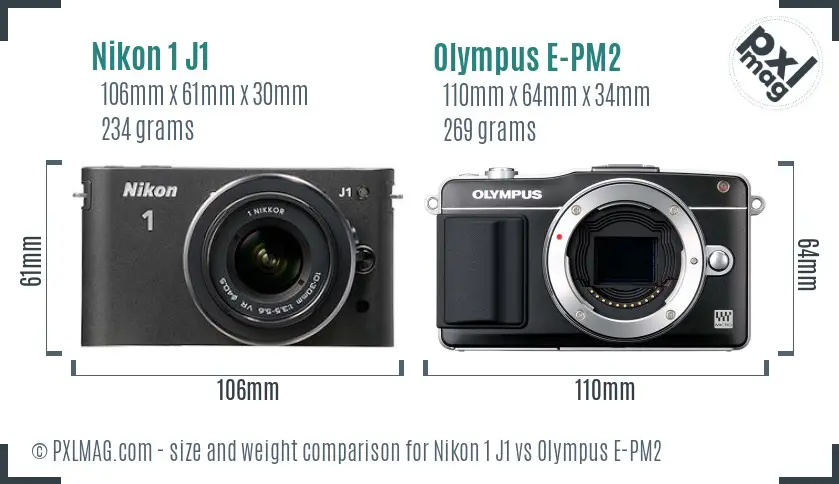 Nikon 1 J1 vs Olympus E-PM2 size comparison