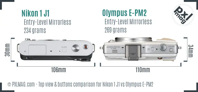Nikon 1 J1 vs Olympus E-PM2 top view buttons comparison