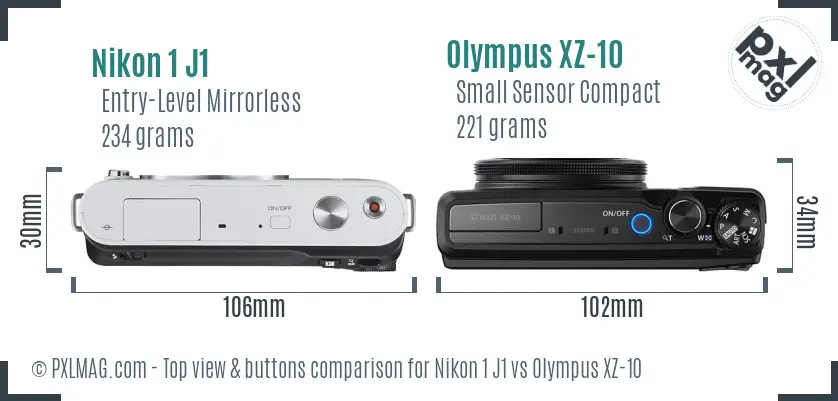 Nikon 1 J1 vs Olympus XZ-10 top view buttons comparison