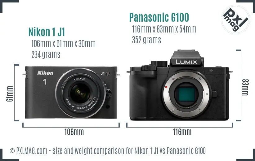 Nikon 1 J1 vs Panasonic G100 size comparison