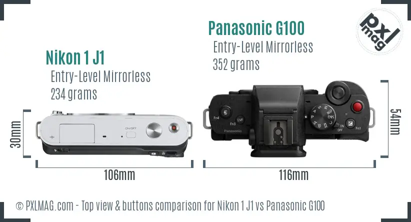 Nikon 1 J1 vs Panasonic G100 top view buttons comparison