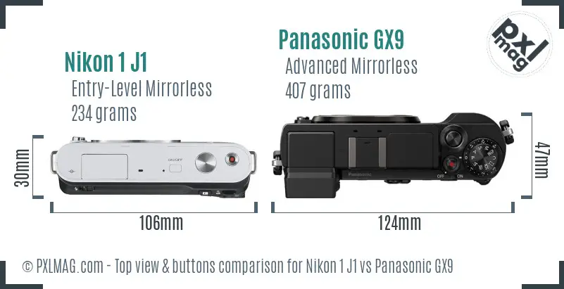 Nikon 1 J1 vs Panasonic GX9 top view buttons comparison