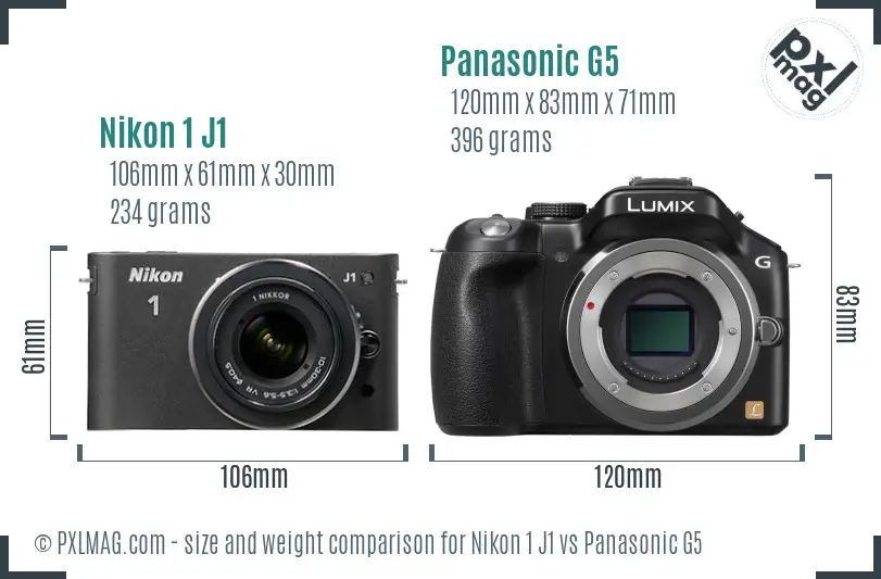 Nikon 1 J1 vs Panasonic G5 size comparison