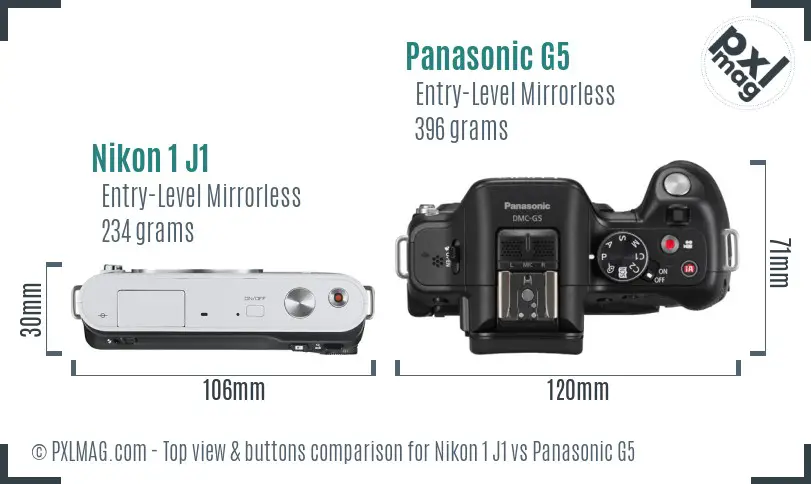 Nikon 1 J1 vs Panasonic G5 top view buttons comparison