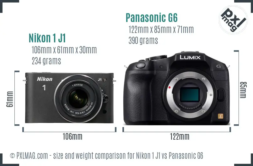 Nikon 1 J1 vs Panasonic G6 size comparison