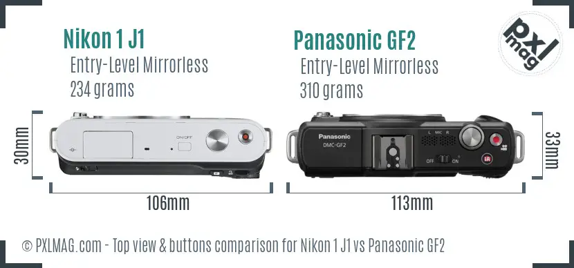 Nikon 1 J1 vs Panasonic GF2 top view buttons comparison