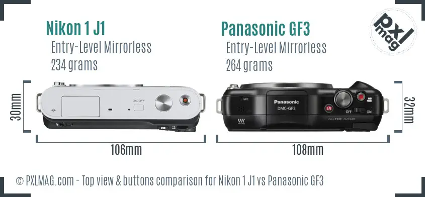 Nikon 1 J1 vs Panasonic GF3 top view buttons comparison Nikon 1 J1 vs Panasonic GF3 top view buttons comparison