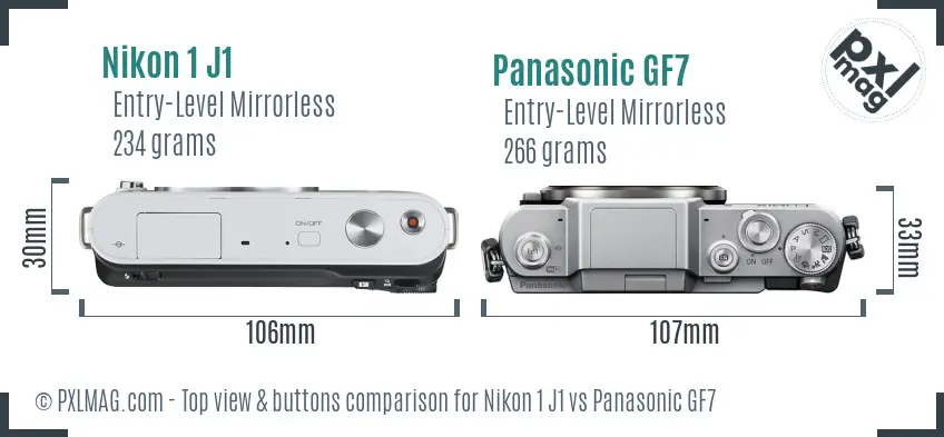Nikon 1 J1 vs Panasonic GF7 top view buttons comparison
