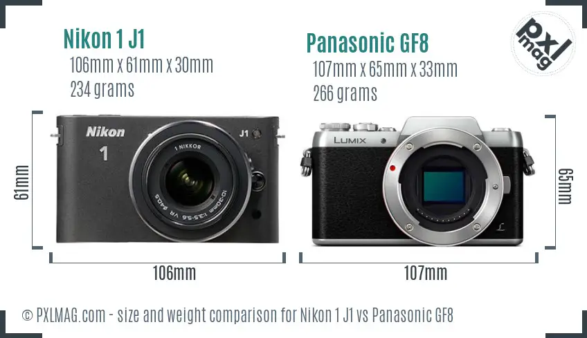 Nikon 1 J1 vs Panasonic GF8 size comparison