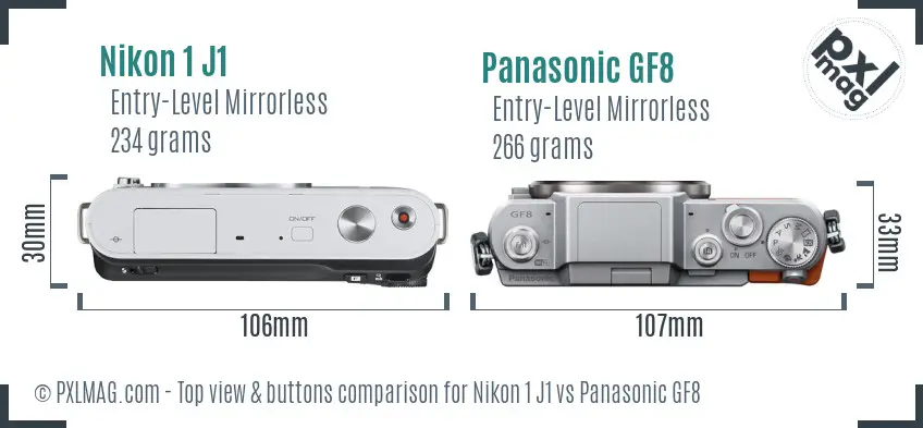 Nikon 1 J1 vs Panasonic GF8 top view buttons comparison