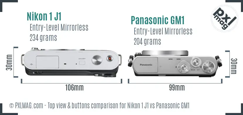 Nikon 1 J1 vs Panasonic GM1 top view buttons comparison