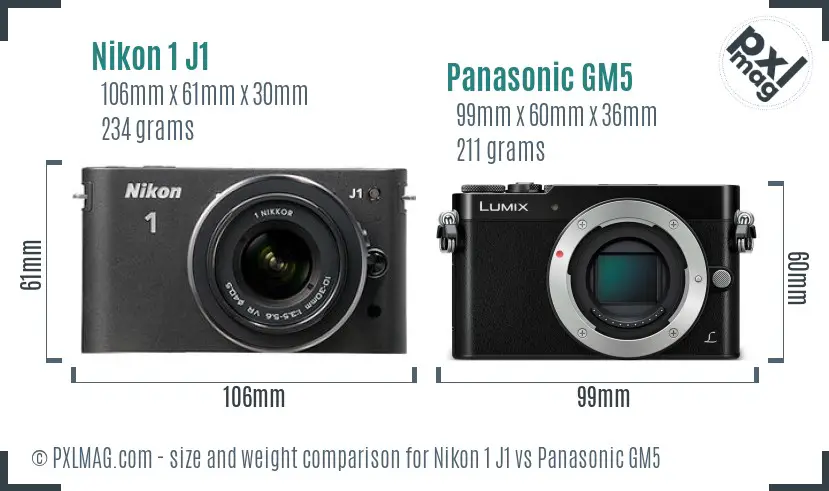 Nikon 1 J1 vs Panasonic GM5 size comparison