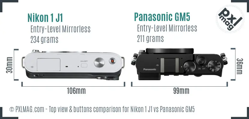 Nikon 1 J1 vs Panasonic GM5 top view buttons comparison