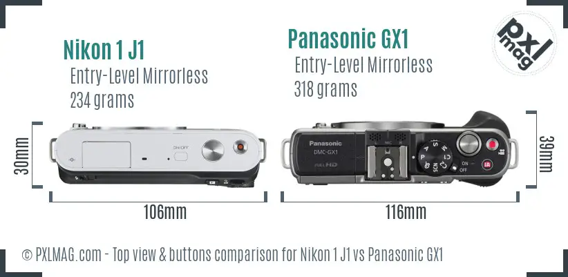 Nikon 1 J1 vs Panasonic GX1 top view buttons comparison