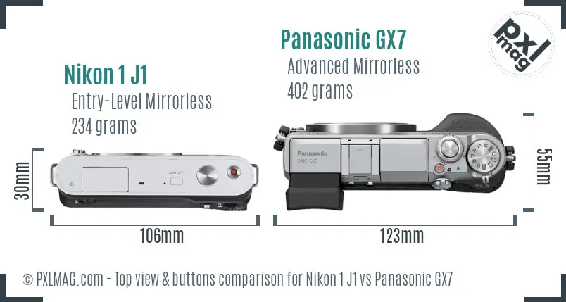 Nikon 1 J1 vs Panasonic GX7 top view buttons comparison Nikon 1 J1 vs Panasonic GX7 top view buttons comparison