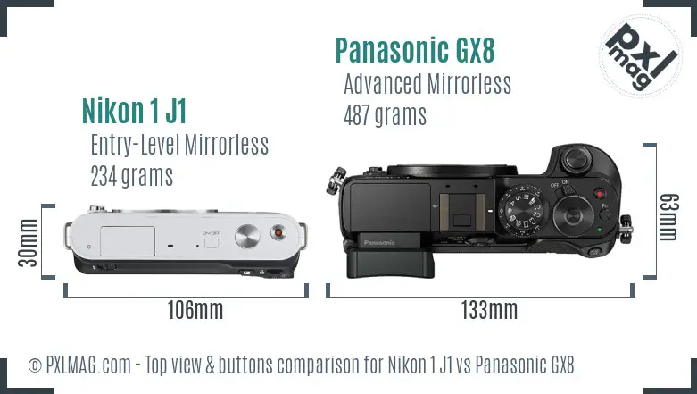 Nikon 1 J1 vs Panasonic GX8 top view buttons comparison