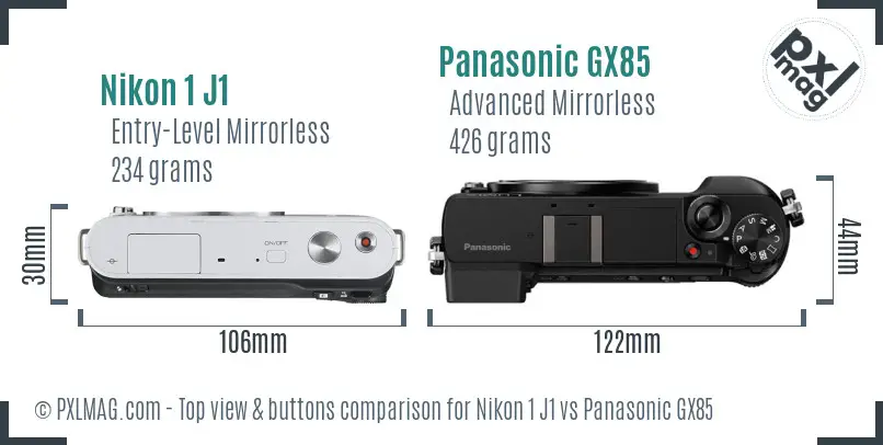 Nikon 1 J1 vs Panasonic GX85 top view buttons comparison