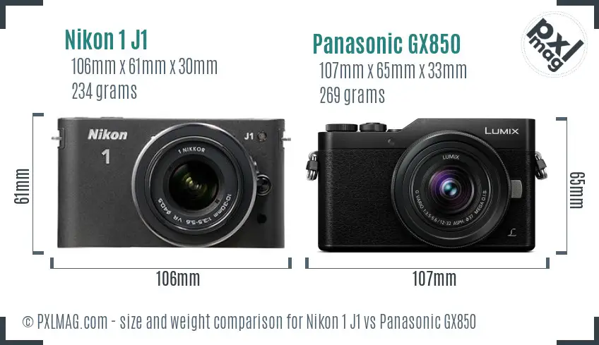 Nikon 1 J1 vs Panasonic GX850 size comparison