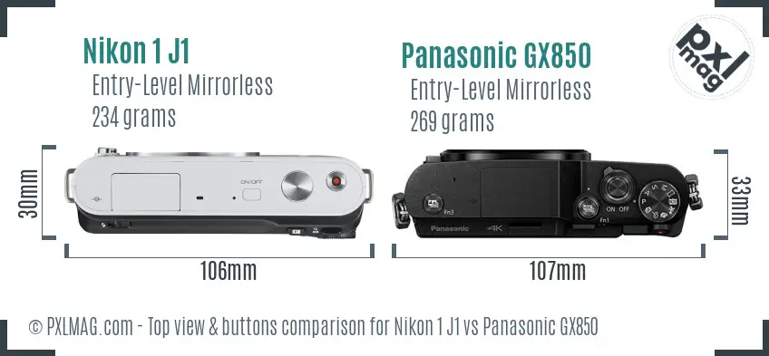 Nikon 1 J1 vs Panasonic GX850 top view buttons comparison