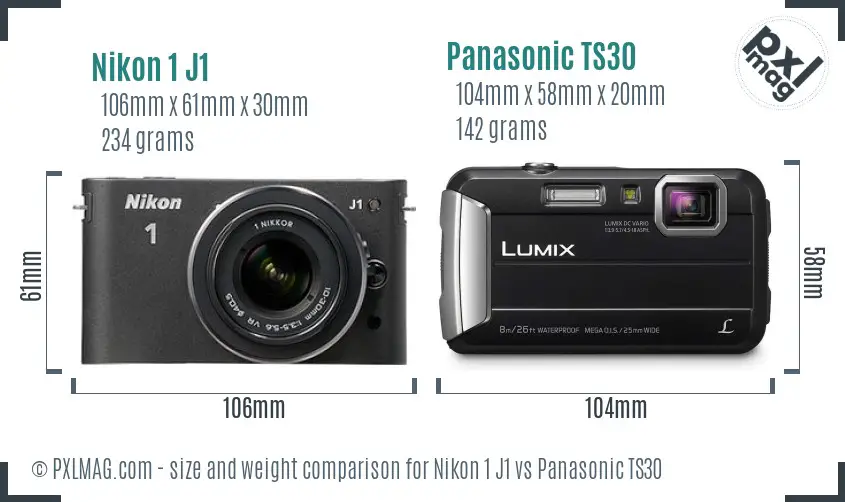Nikon 1 J1 vs Panasonic TS30 size comparison