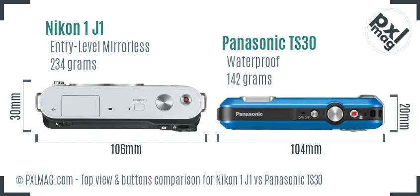 Nikon 1 J1 vs Panasonic TS30 top view buttons comparison