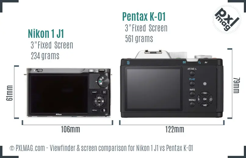 Nikon 1 J1 vs Pentax K-01 Screen and Viewfinder comparison