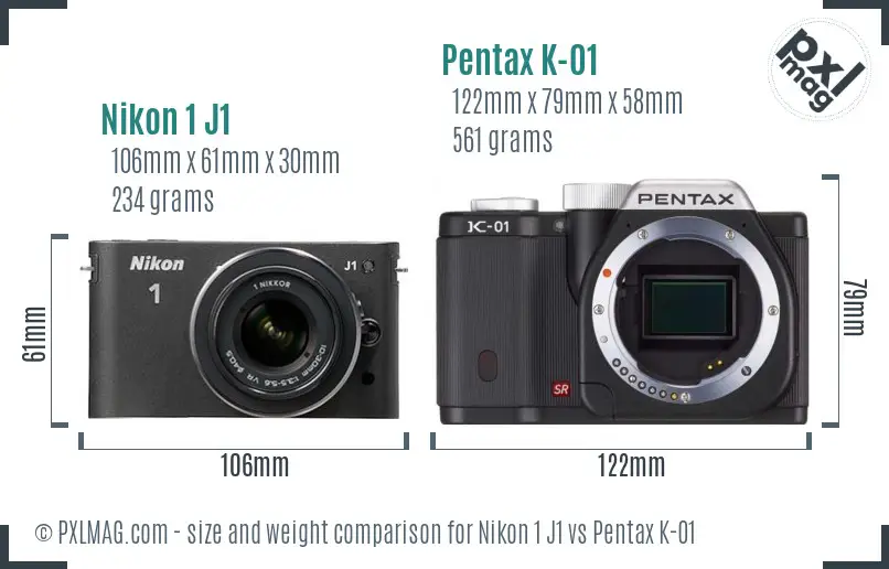 Nikon 1 J1 vs Pentax K-01 size comparison