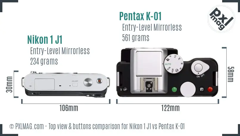 Nikon 1 J1 vs Pentax K-01 top view buttons comparison