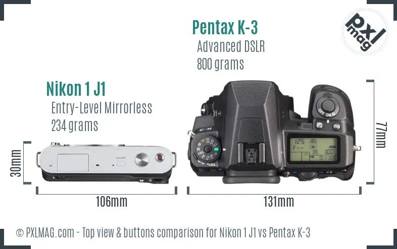 Nikon 1 J1 vs Pentax K-3 top view buttons comparison
