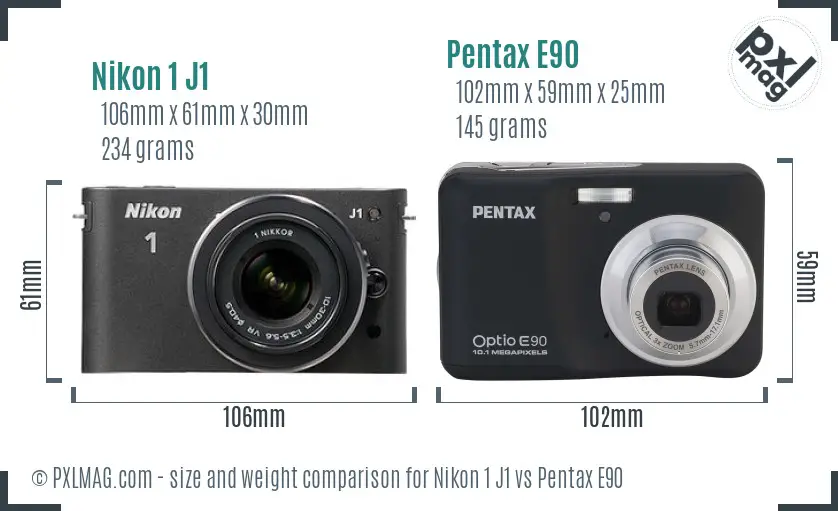 Nikon 1 J1 vs Pentax E90 size comparison