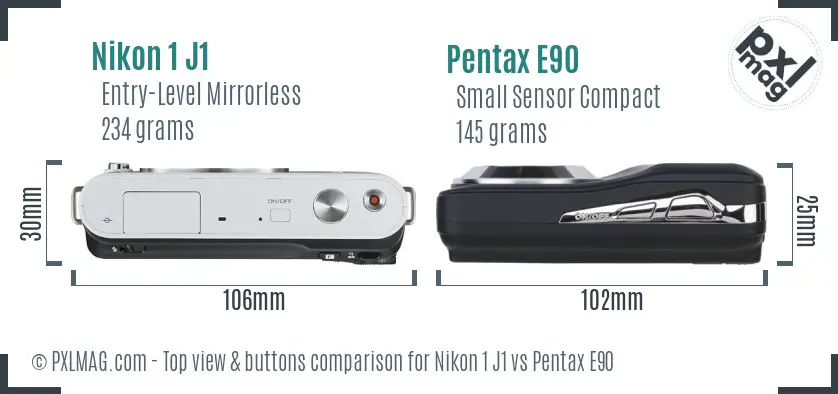 Nikon 1 J1 vs Pentax E90 top view buttons comparison