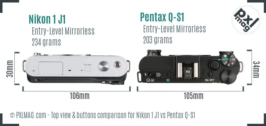 Nikon 1 J1 vs Pentax Q-S1 top view buttons comparison