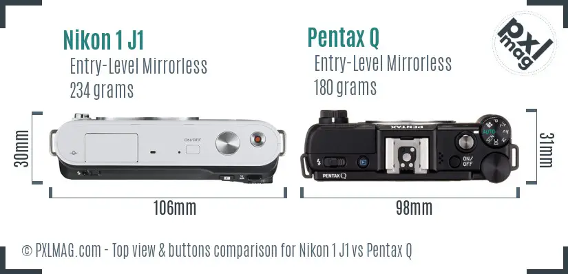 Nikon 1 J1 vs Pentax Q top view buttons comparison