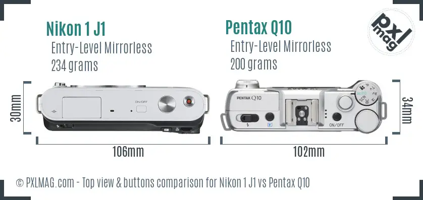 Nikon 1 J1 vs Pentax Q10 top view buttons comparison Nikon 1 J1 vs Pentax Q10 top view buttons comparison