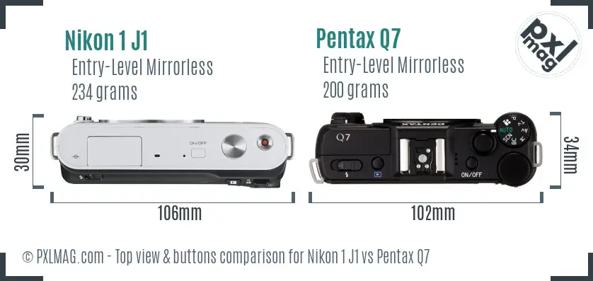 Nikon 1 J1 vs Pentax Q7 top view buttons comparison