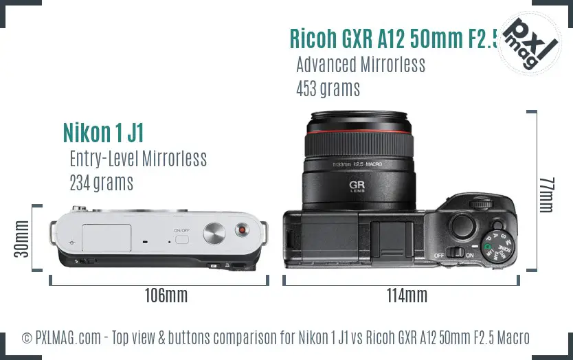 Nikon 1 J1 vs Ricoh GXR A12 50mm F2.5 Macro top view buttons comparison