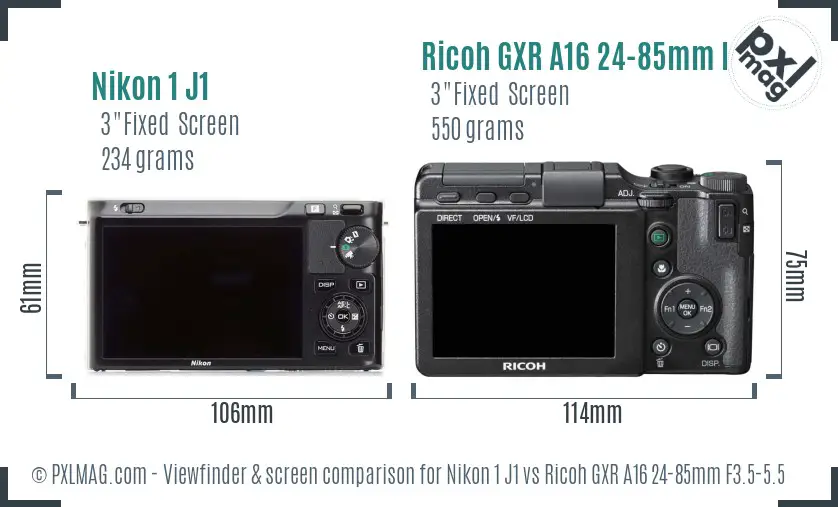 Nikon 1 J1 vs Ricoh GXR A16 24-85mm F3.5-5.5 Screen and Viewfinder comparison Nikon 1 J1 vs Ricoh GXR A16 24-85mm F3.5-5.5 Screen and Viewfinder comparison