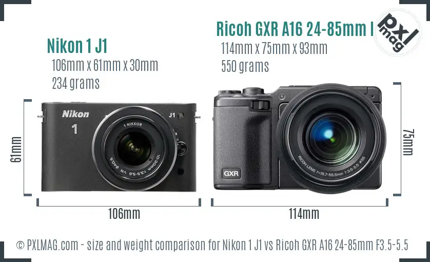 Nikon 1 J1 vs Ricoh GXR A16 24-85mm F3.5-5.5 size comparison Nikon 1 J1 vs Ricoh GXR A16 24-85mm F3.5-5.5 size comparison