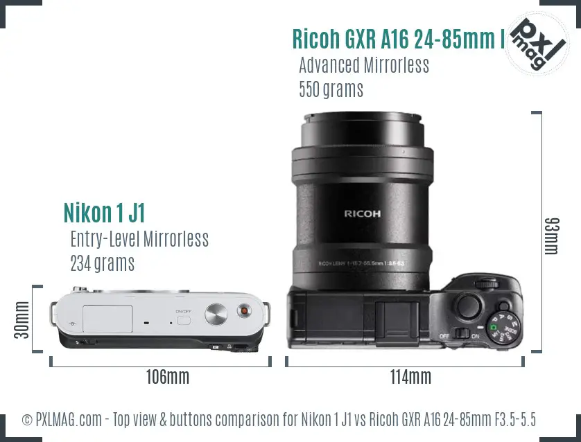 Nikon 1 J1 vs Ricoh GXR A16 24-85mm F3.5-5.5 top view buttons comparison Nikon 1 J1 vs Ricoh GXR A16 24-85mm F3.5-5.5 top view buttons comparison