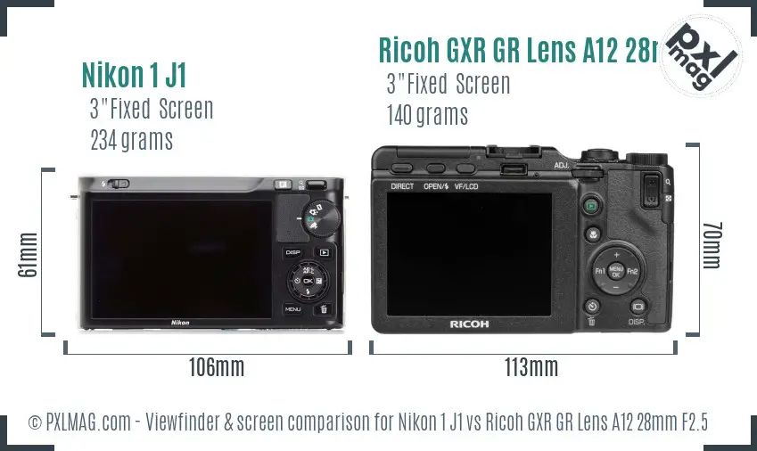 Nikon 1 J1 vs Ricoh GXR GR Lens A12 28mm F2.5 Screen and Viewfinder comparison