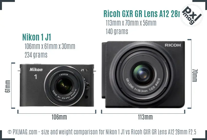 Nikon 1 J1 vs Ricoh GXR GR Lens A12 28mm F2.5 size comparison