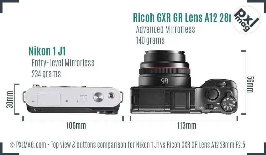 Nikon 1 J1 vs Ricoh GXR GR Lens A12 28mm F2.5 top view buttons comparison