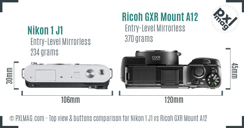 Nikon 1 J1 vs Ricoh GXR Mount A12 top view buttons comparison