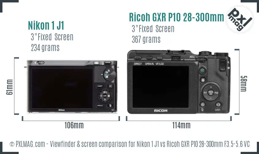 Nikon 1 J1 vs Ricoh GXR P10 28-300mm F3.5-5.6 VC Screen and Viewfinder comparison