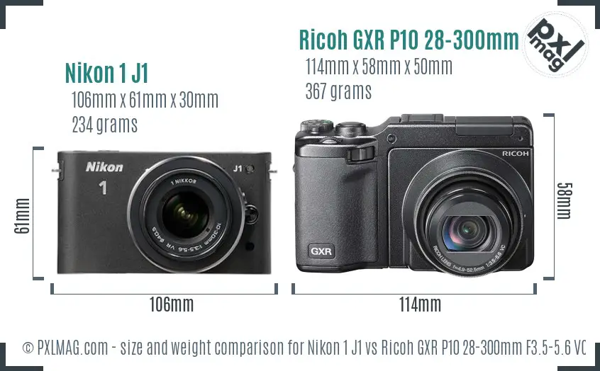 Nikon 1 J1 vs Ricoh GXR P10 28-300mm F3.5-5.6 VC size comparison